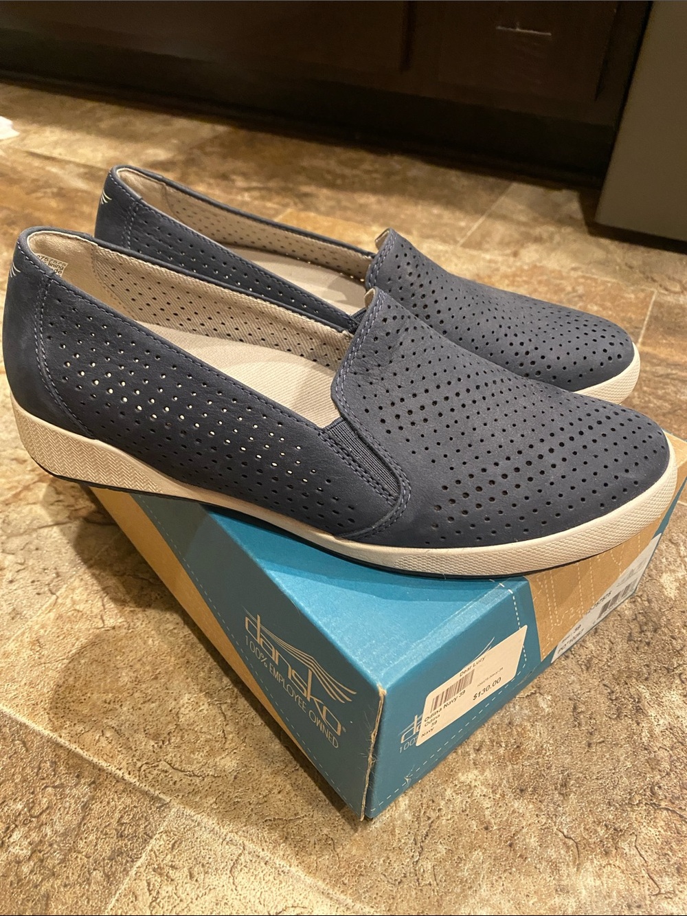 Dansko Odina Navy Perforated Slip-On Loafers, Size 39